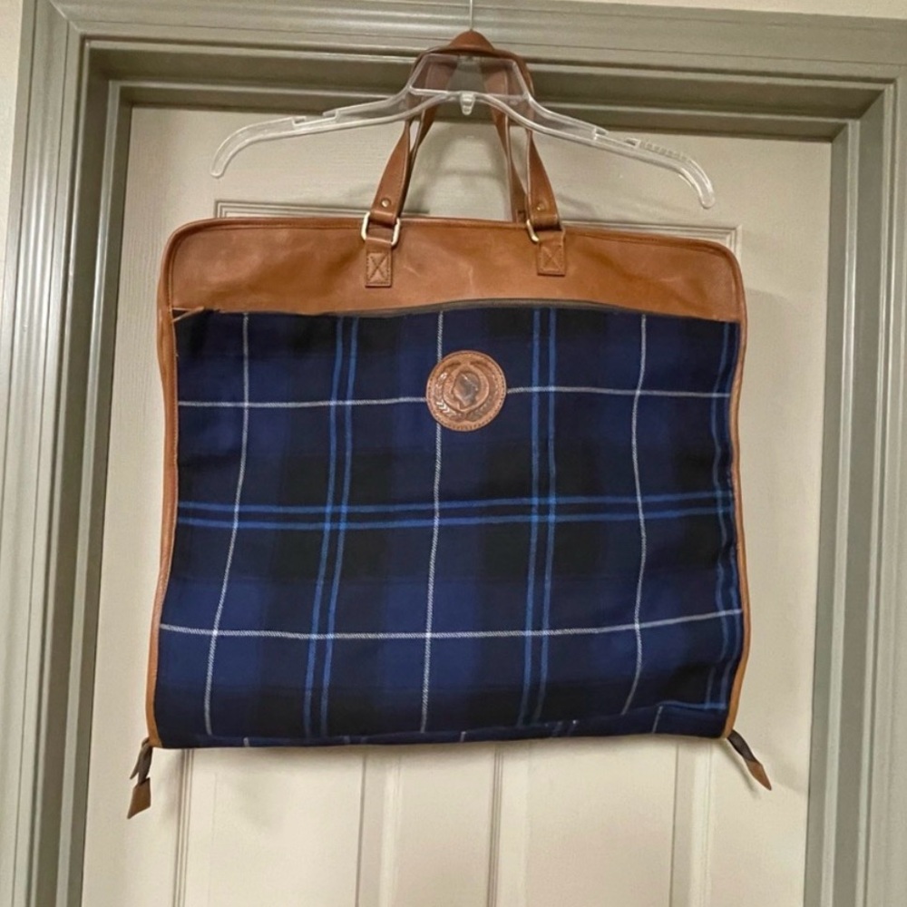 F H Wadsworth NYC Plaid Garment Bag with Leather Accents Caesers Palace emblem